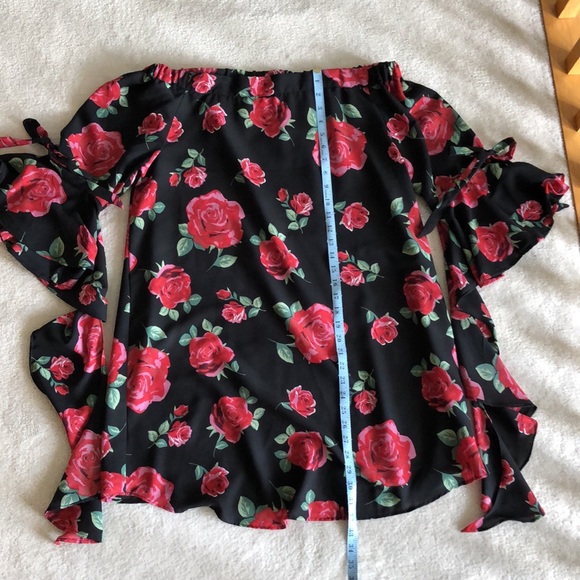 Anthro off the shoulder black dress with red roses - Picture 4 of 9